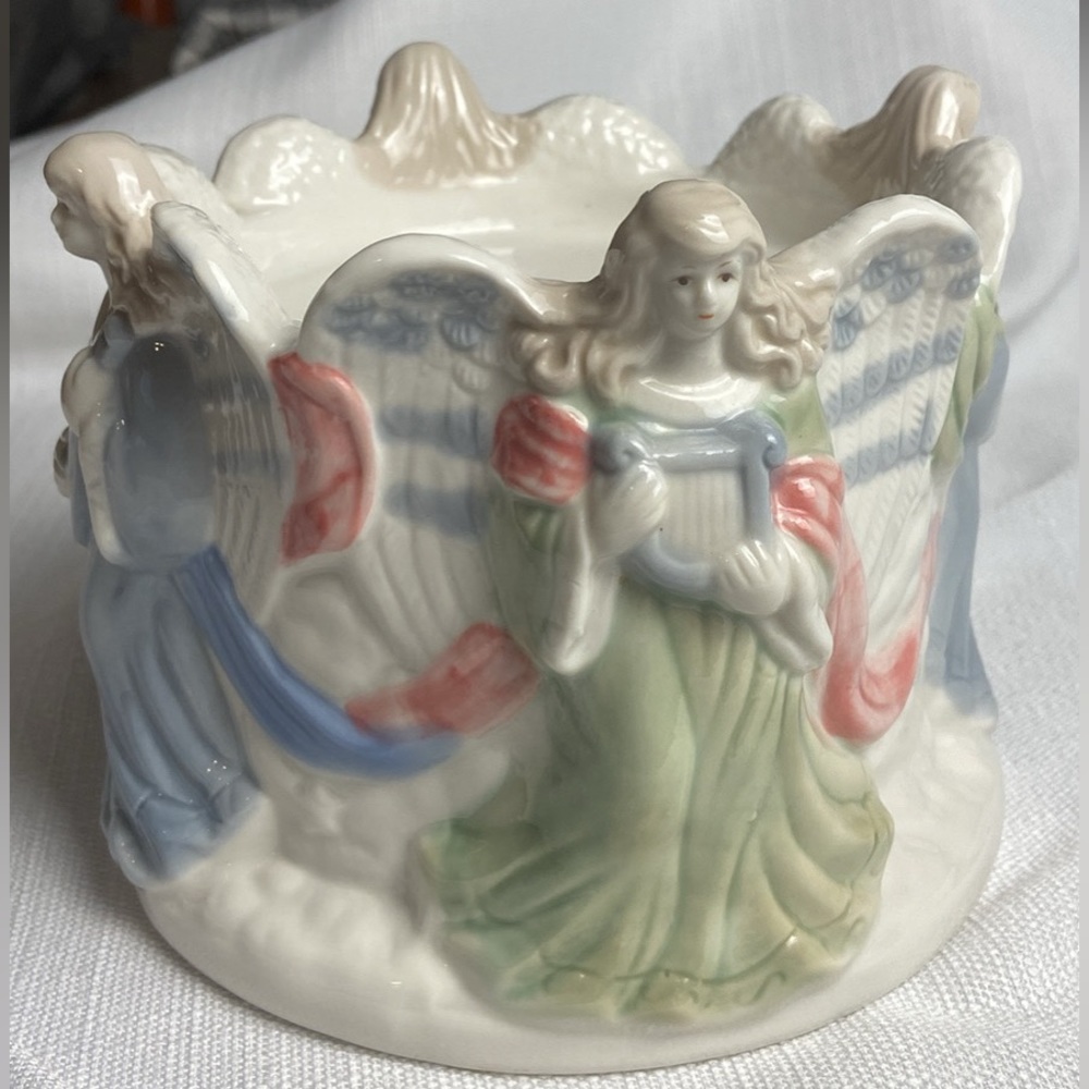 Vtg Angels With Instruments Pastel Colors Pillar Candle Holder Religious